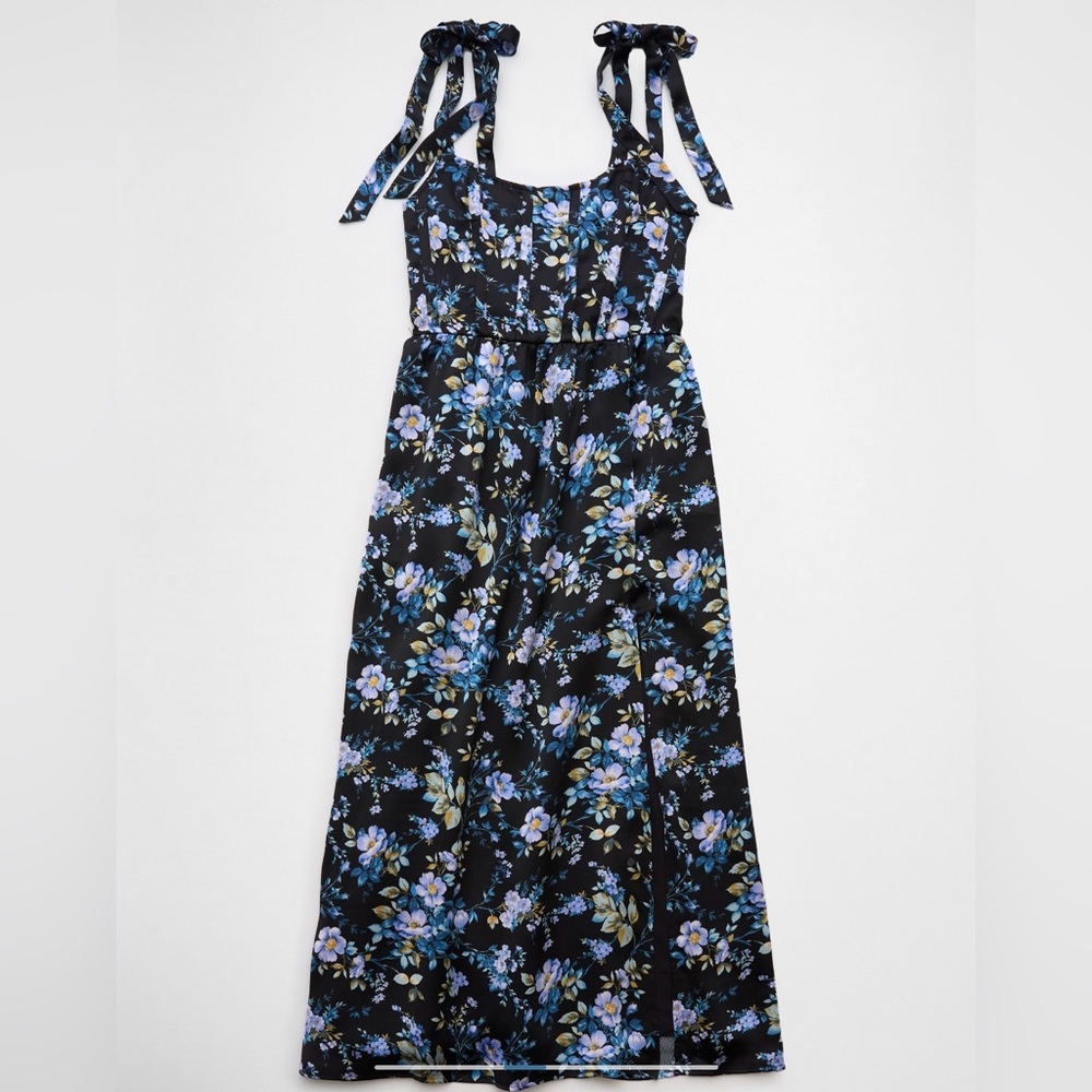 NWT American Eagle Outfitters Black Floral Corset Tie Strap Midi Dress Large